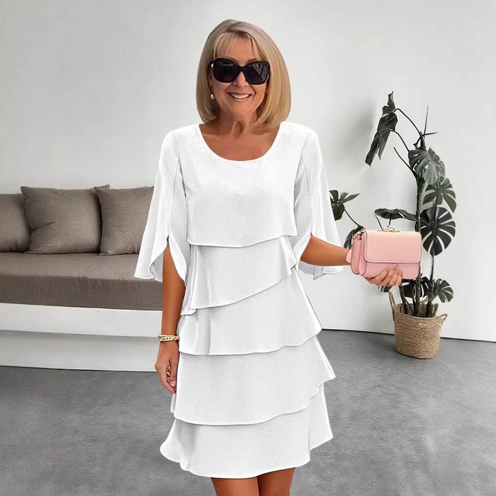 Women's Solid Color Round Neck Tiered Midi Dress