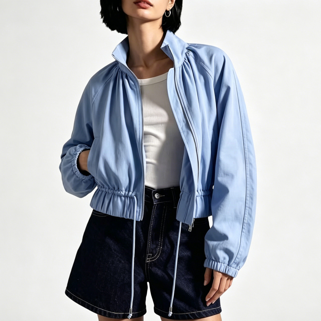 Women's Striped Long Jacket with Lantern Sleeves, Drawstring Waist, Zip Front, Pockets