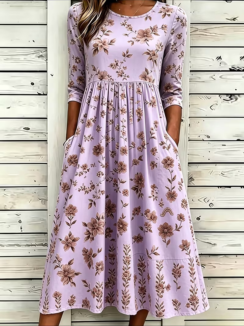 Women's Fresh Floral Print Ruched Midi Dress