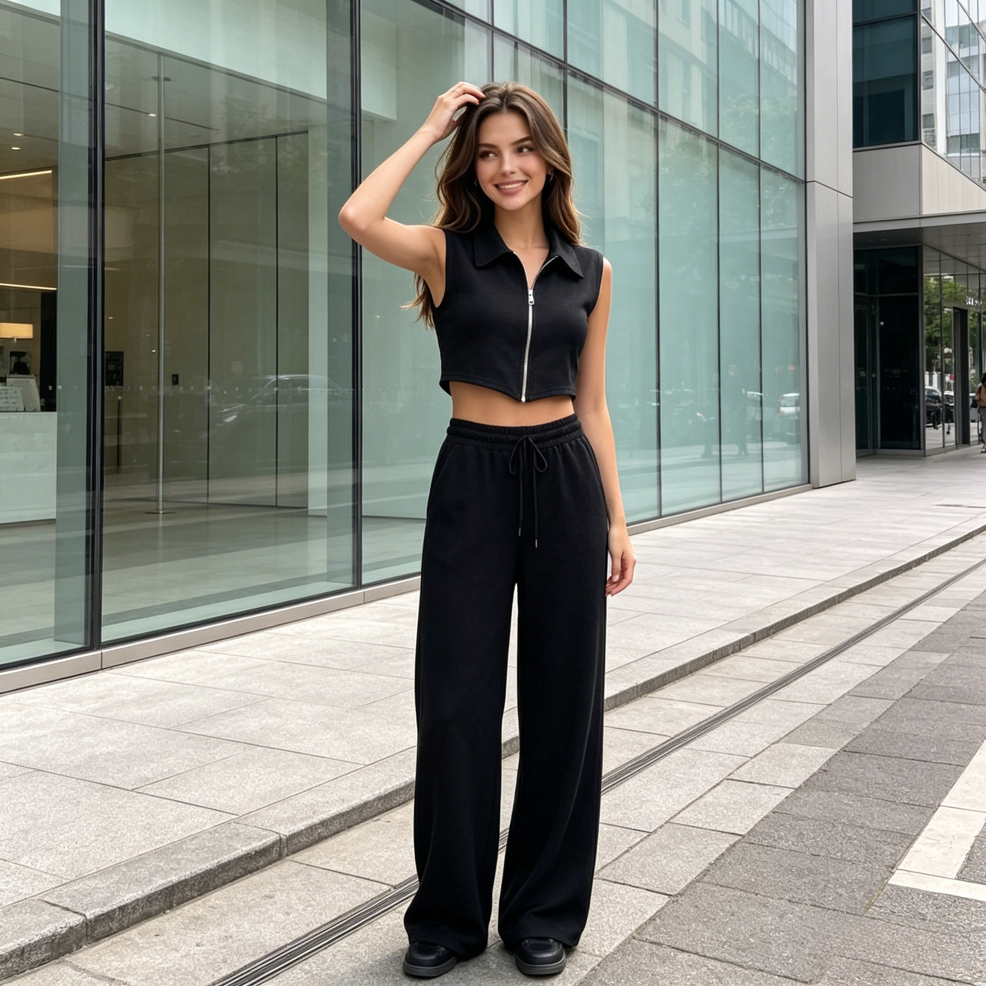 Women's Sleeveless Zip-Up Vest and Pants Set Casual Knit Two-Piece