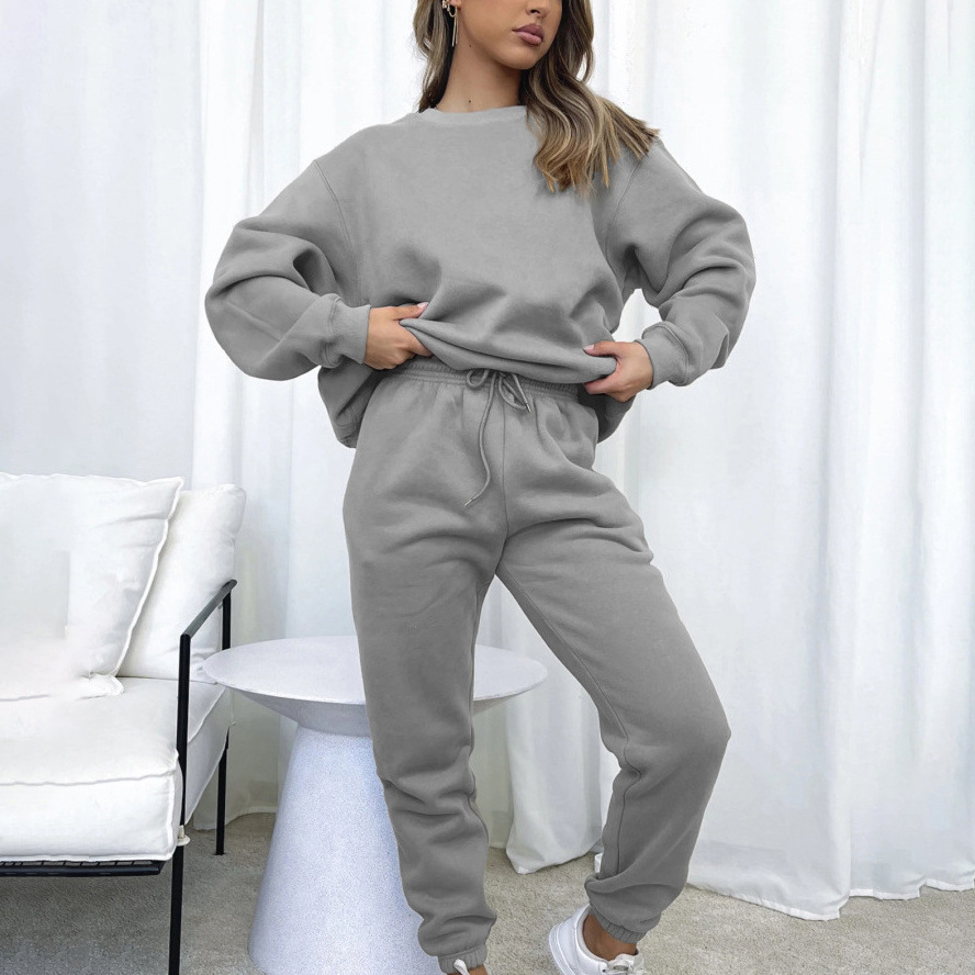 Women's Solid Color Crewneck Long Sleeve Sweatshirt and Pants Set