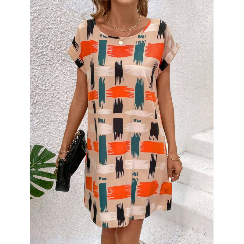 Women's Summer Printed Batwing Sleeve Round Neck Dress