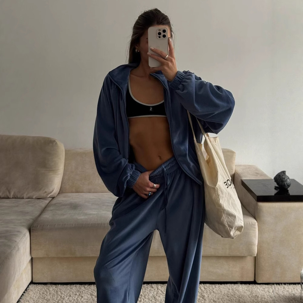 Women's Solid Color Zip-Up Cardigan and Pants Two-Piece Set