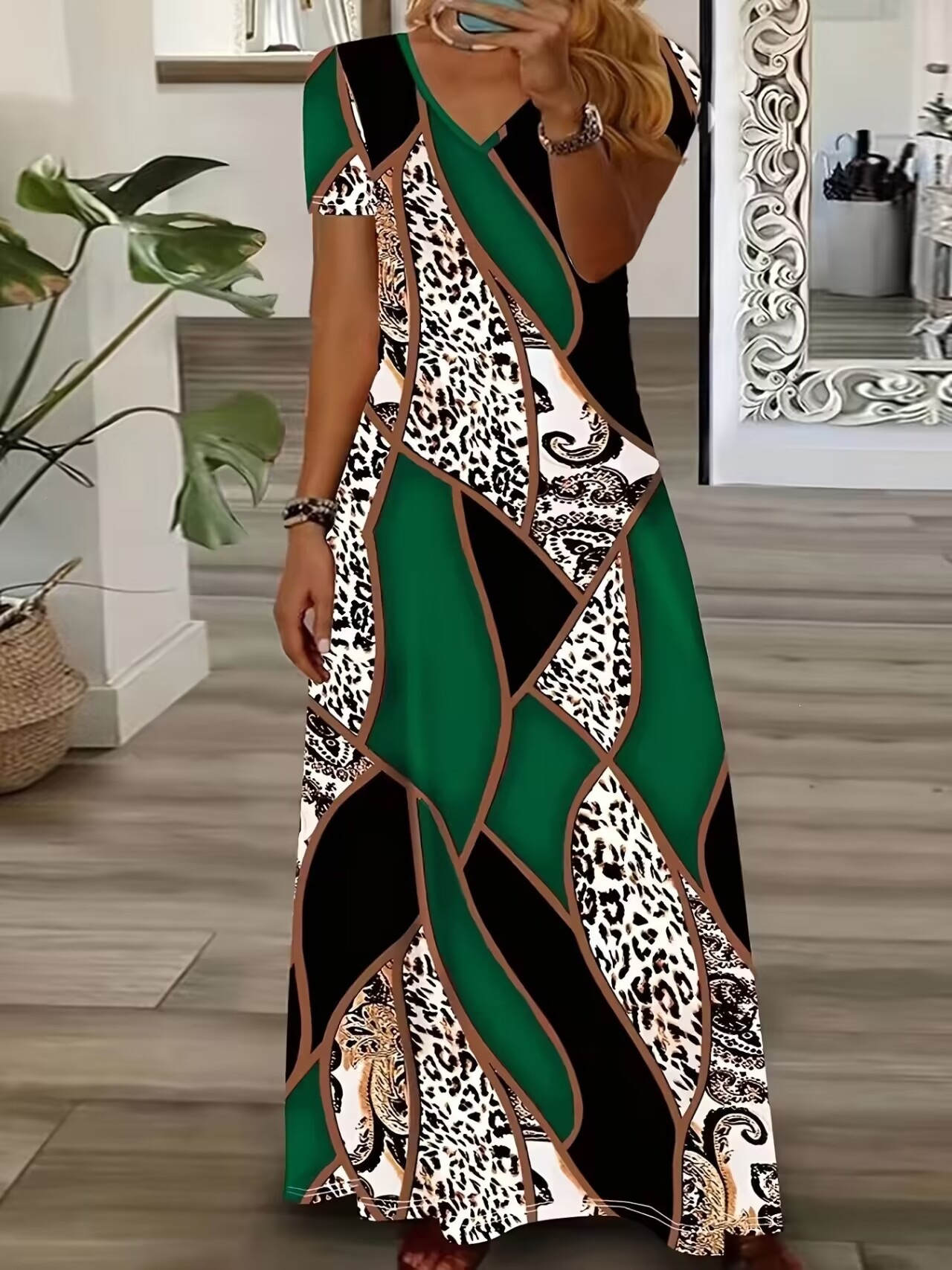 Leopard Zebra Print Patchwork V-Neck Short Sleeve Long Dress