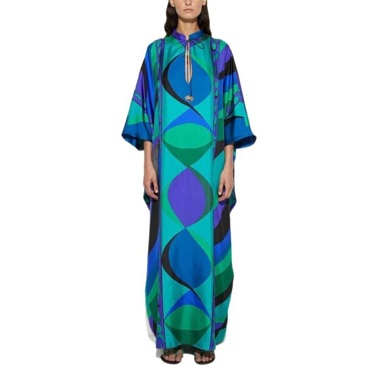 Women's Tie-Neck Printed A-Line Midi Dress