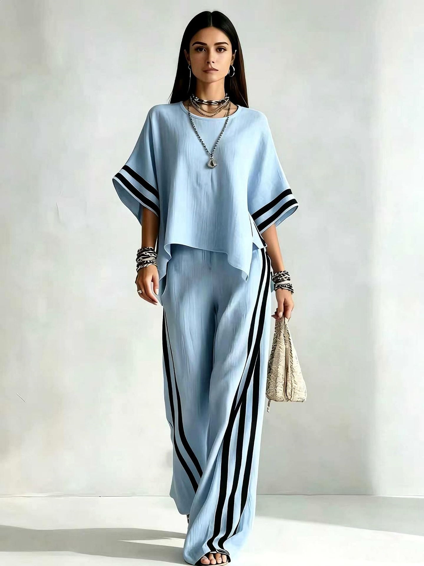 Women's Striped Two-Piece Wide-Leg Pants Set Casual Colorblock
