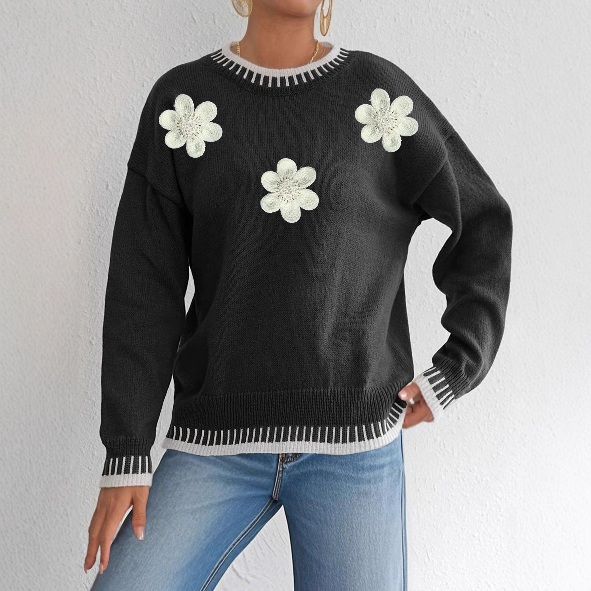 Color-Block Pullover Sweater with 3D Floral Embroidery & Beads