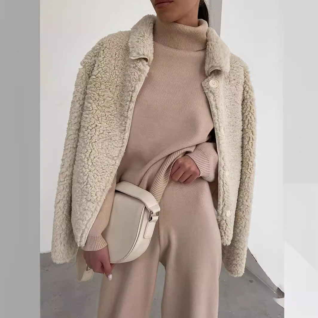 Women's Brown High Neck Long Sleeve Wide Leg Pants Two-Piece Sweatsuit