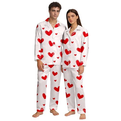 Cuban Collar Heart Print Long Sleeve Women's Set