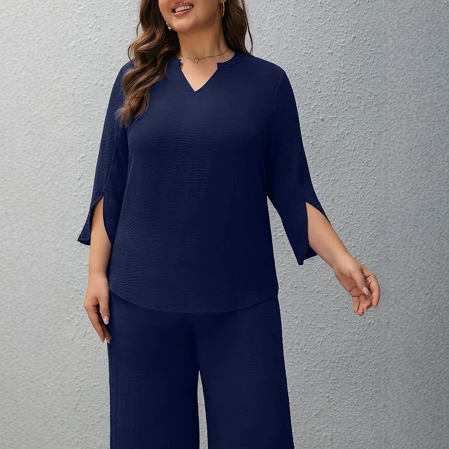 Women's Solid Color Two-Piece Set with Three-Quarter Sleeve Top and Wide-Leg Pants