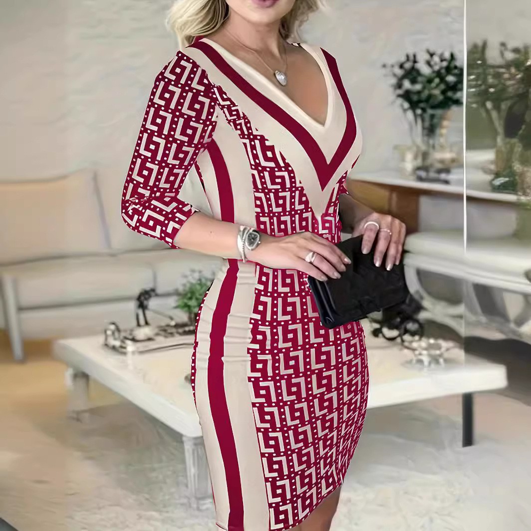 Geometric Print V-Neck Bodycon Dress with Sleeves