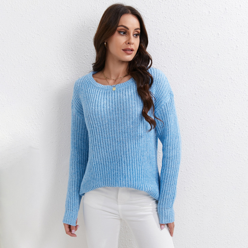 Women's Solid Crewneck Pullover Sweater Loose Long Sleeve Knit Top