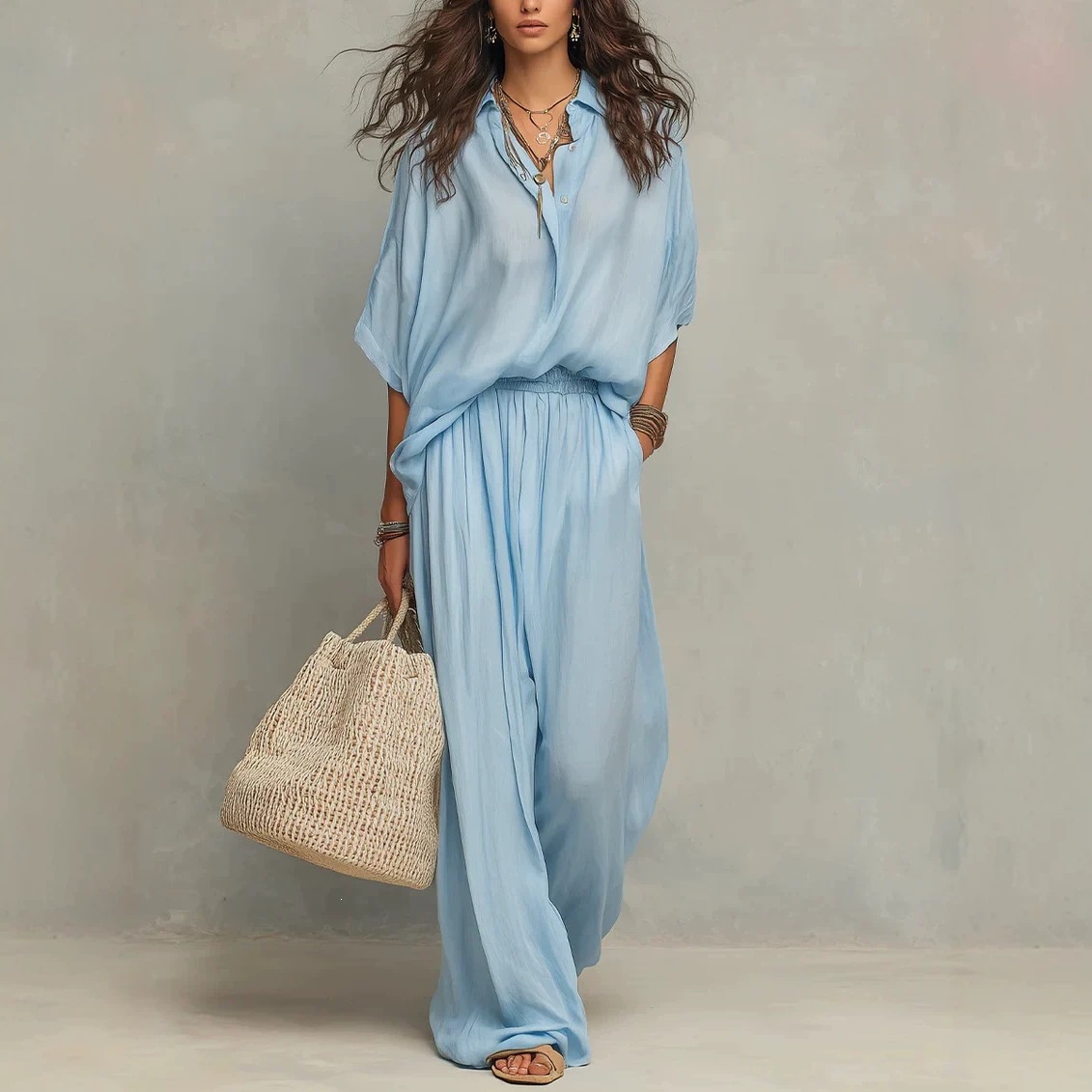Women's Casual Cotton-Linen Shirt and Wide-Leg Pants Set