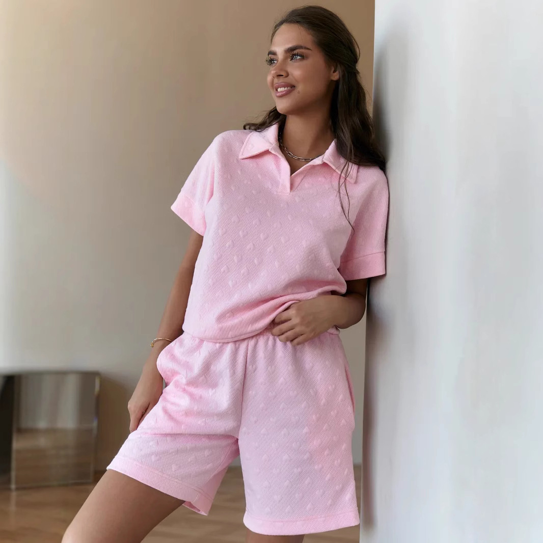 Women's Casual Two-Piece Set with Collared Short-Sleeve Top and Elastic-Waist Shorts