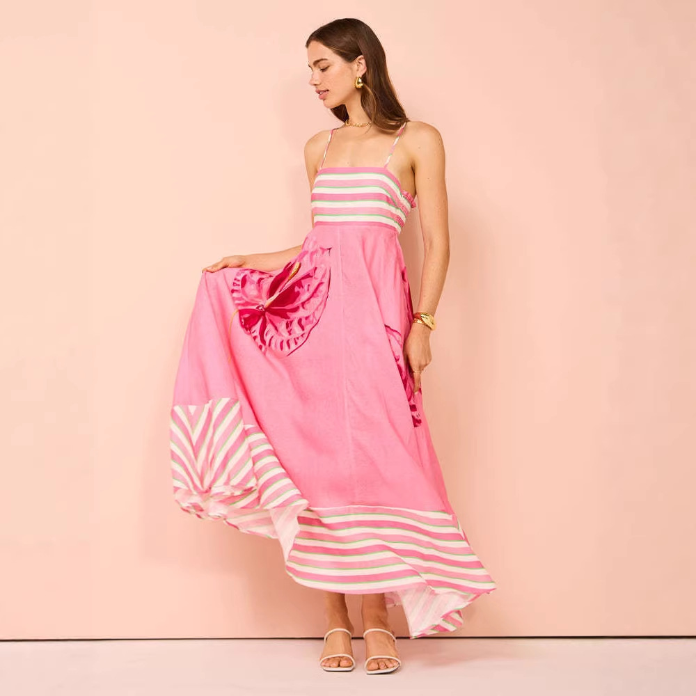 Women's High-Waist Printed Cami Dress with Flared Skirt