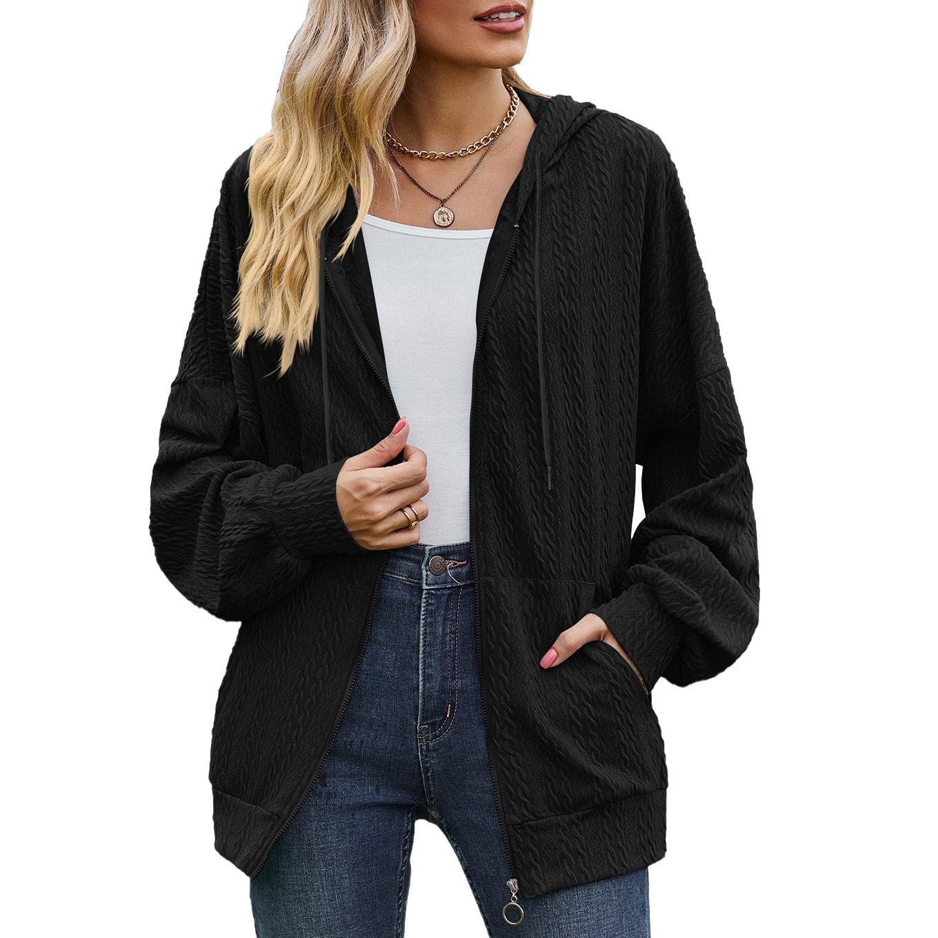 Women's Crinkled Textured Hooded Zip-Up Loose Fit Long Sleeve Cardigan Sweatshirt