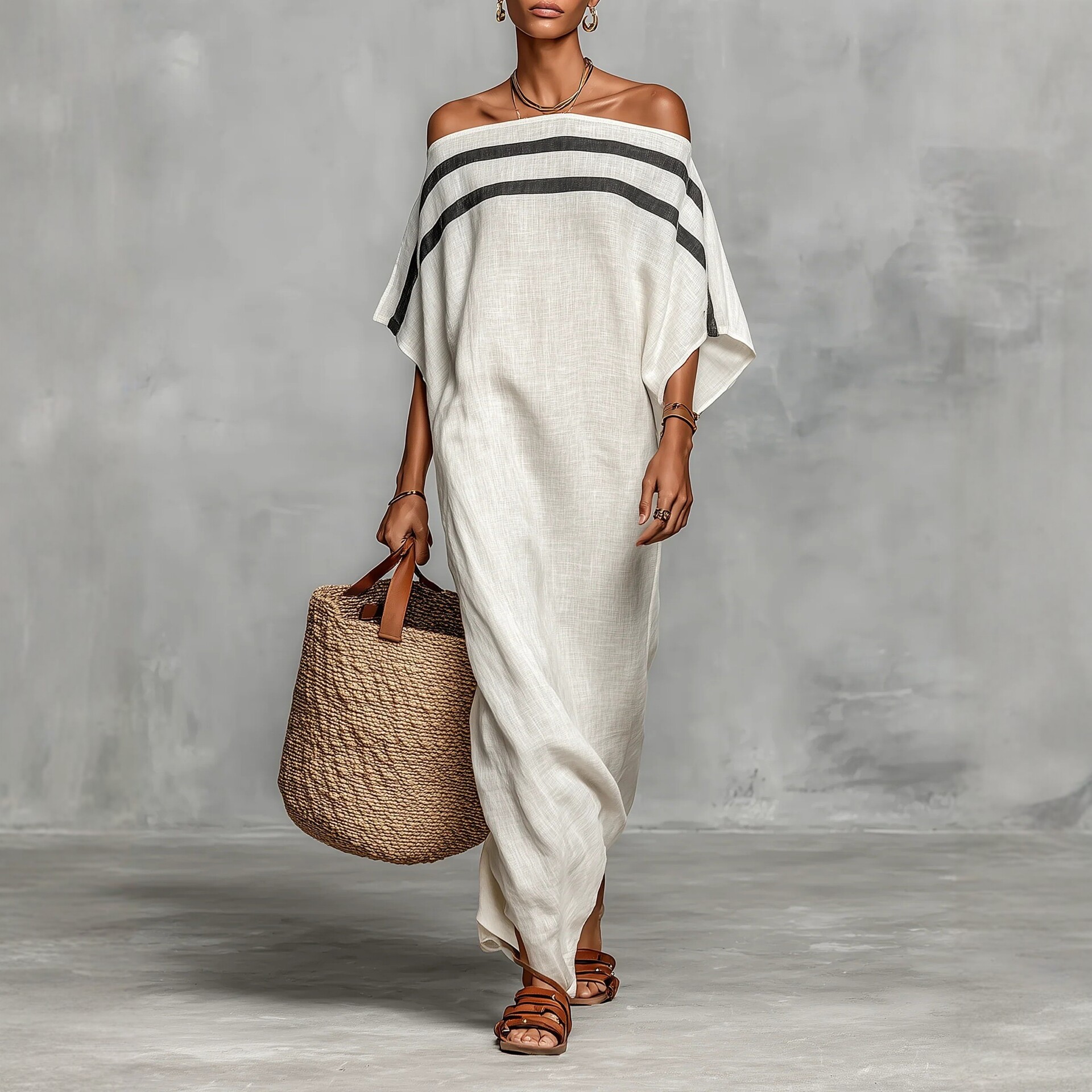 Striped Off-Shoulder Linen Dress Women's Summer Casual Long Dress