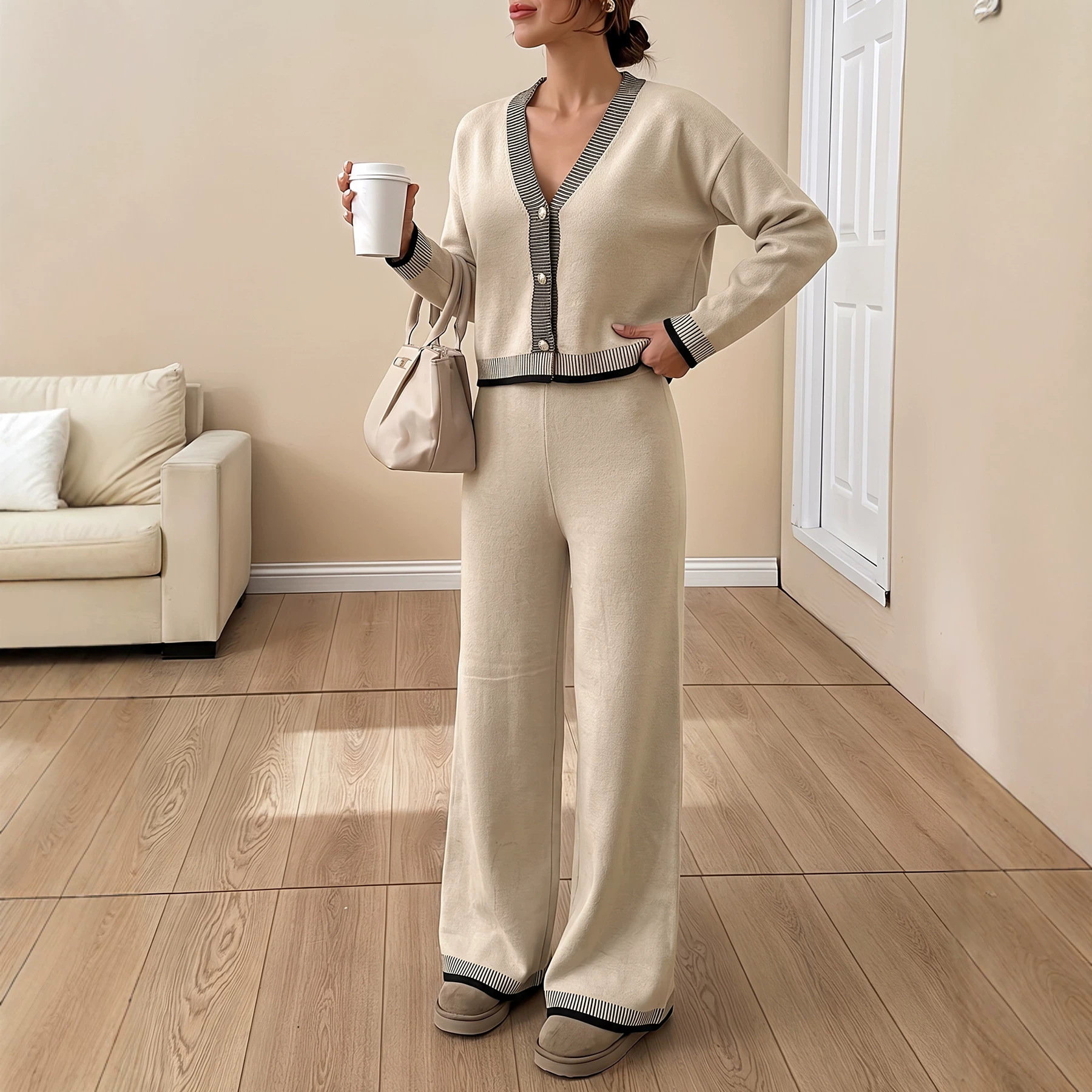 Women's Long Sleeve V-Neck Colorblock Striped Knit Top and Wide-Leg Pants Set