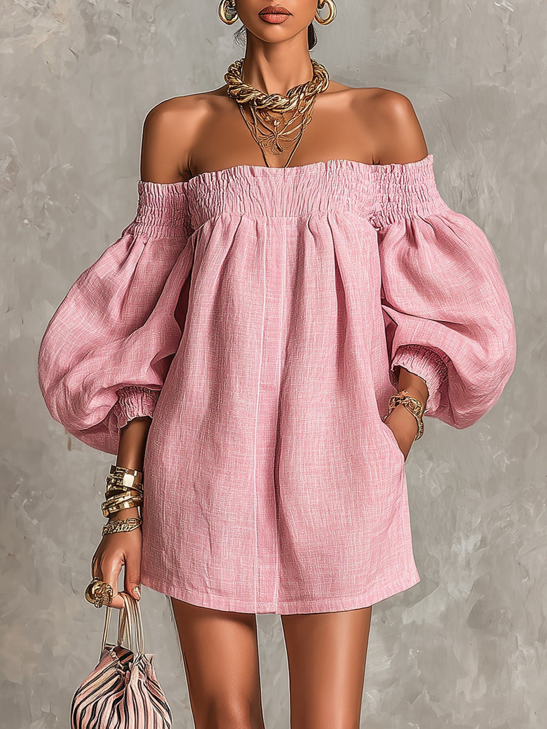 Off-Shoulder Lantern Sleeve A-Line Mini Dress