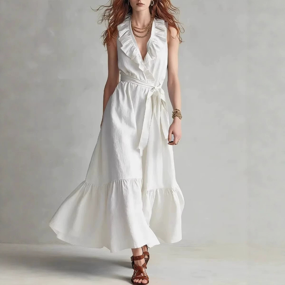 Solid V-Neck Sleeveless Lace-Up Ruffle Long Dress