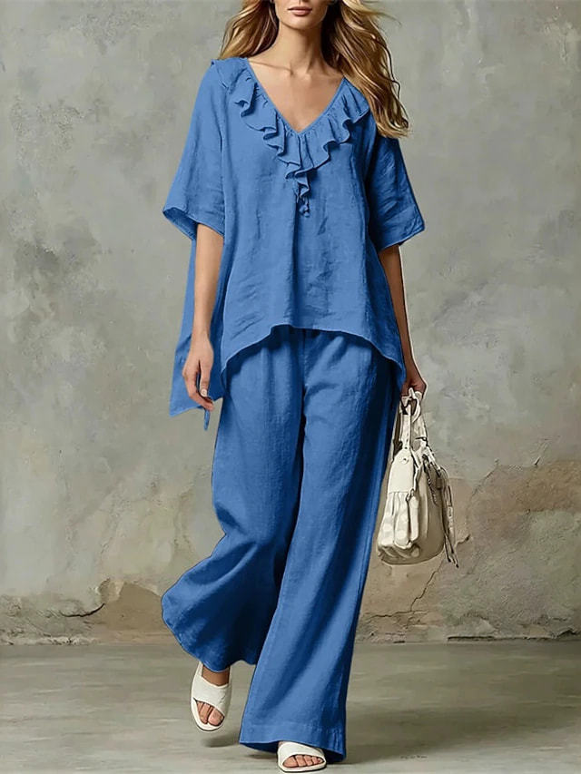 Women's V-Neck Loose Cotton Blend T-Shirt and Pants Set Casual Two-Piece Outfit