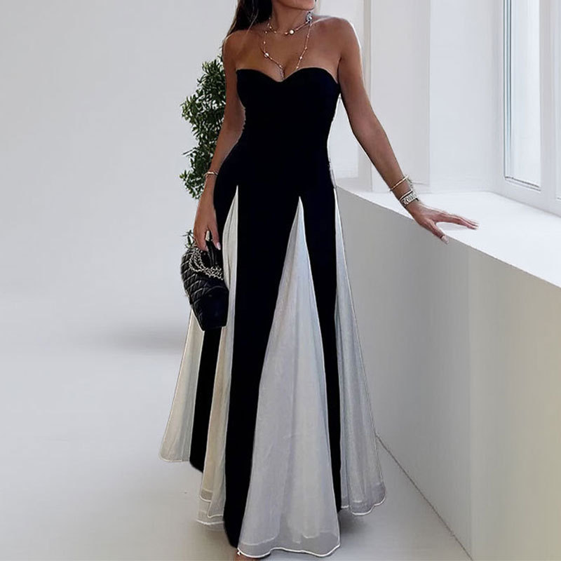 Elegant Color-Block Sleeveless Maxi Dress with V-Neck and Full Skirt
