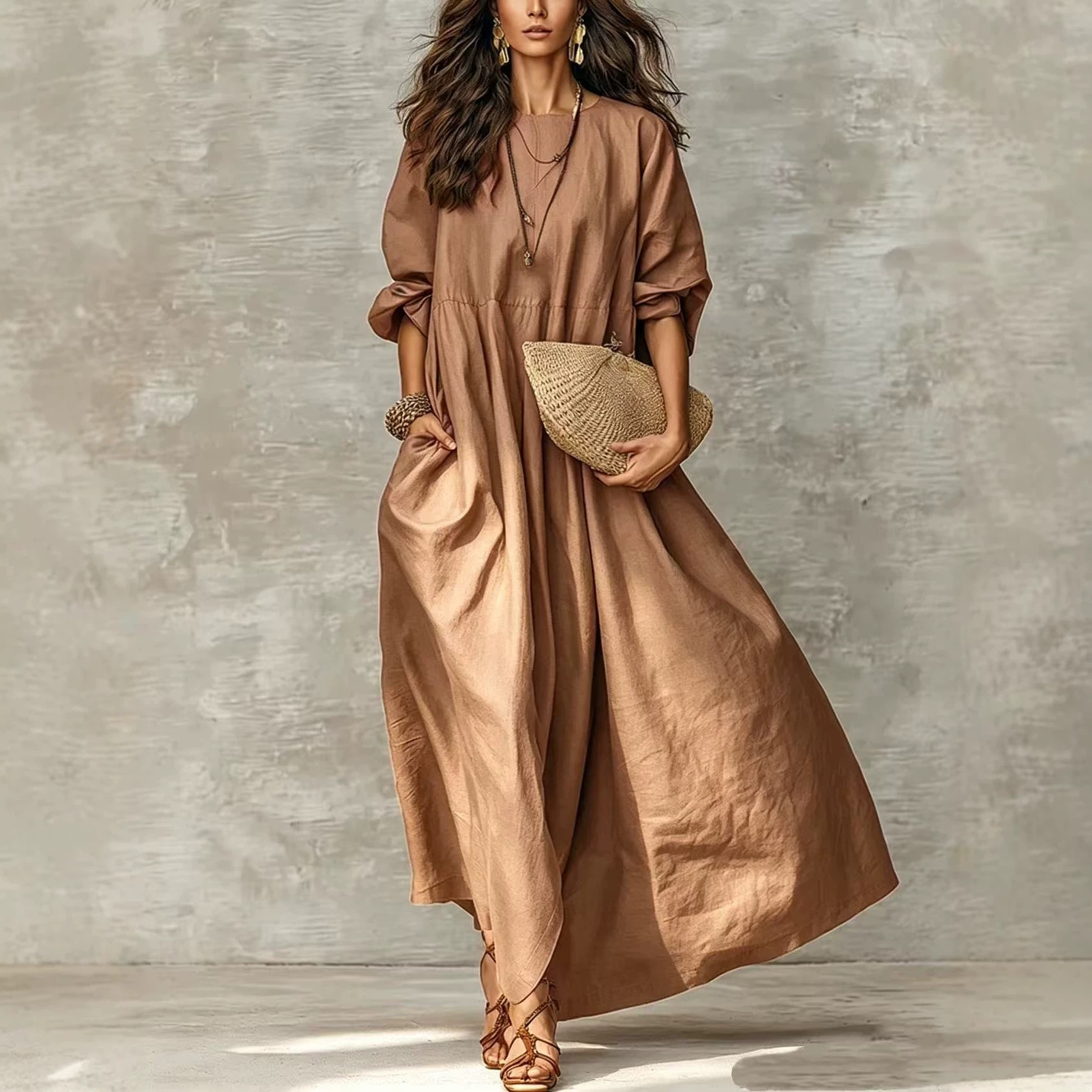 Crewneck Long Sleeve Loose A-Line Midi Dress with Pockets