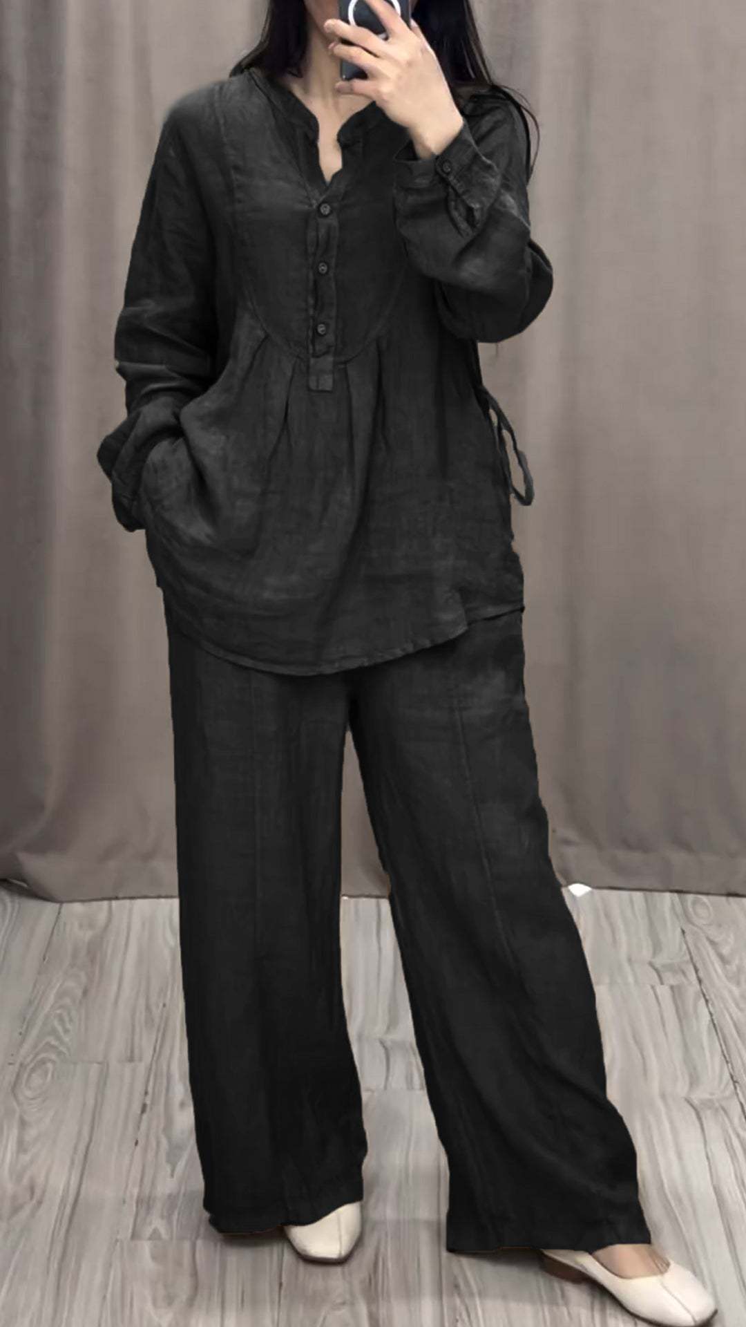 Women's Cotton-Linen Long-Sleeve Half-Placket Pleated Wide-Leg Pants Set