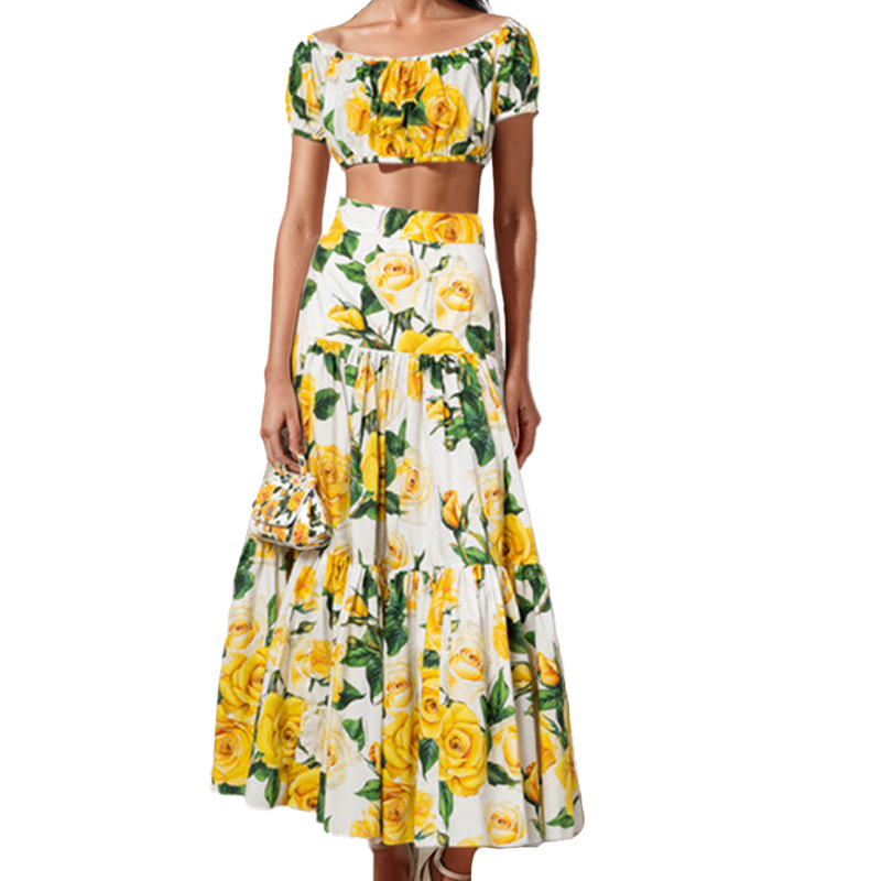 Women's Botanical Print Two-Piece Skirt Set Long Sleeve