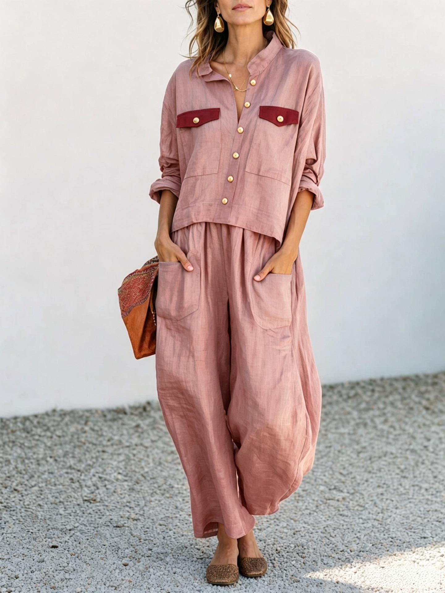Women's Casual Loose Button Shirt and Wide-Leg Pants Two-Piece Set