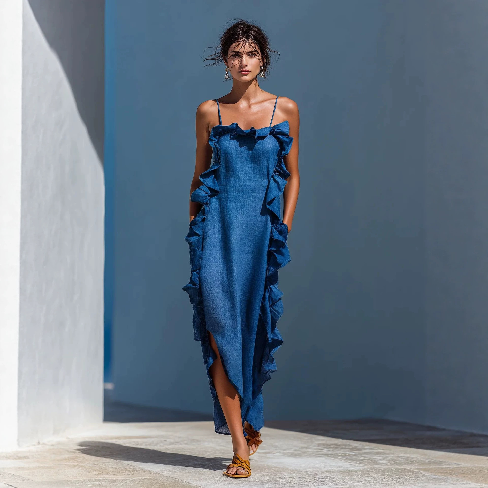 Ruffled Sleeveless Halter Maxi Dress