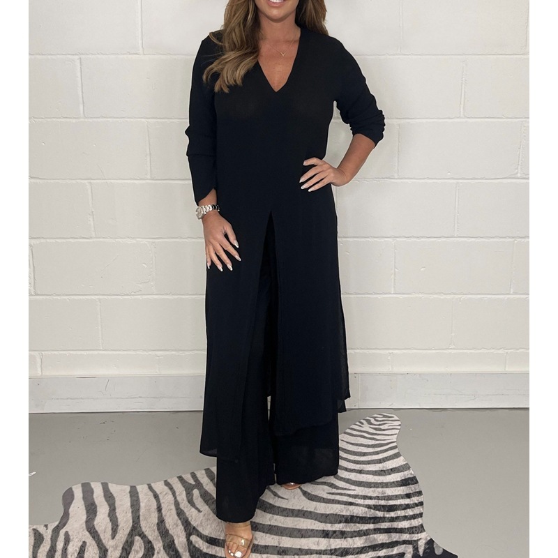 Solid Color Split Long Sleeve Top and Pants Set