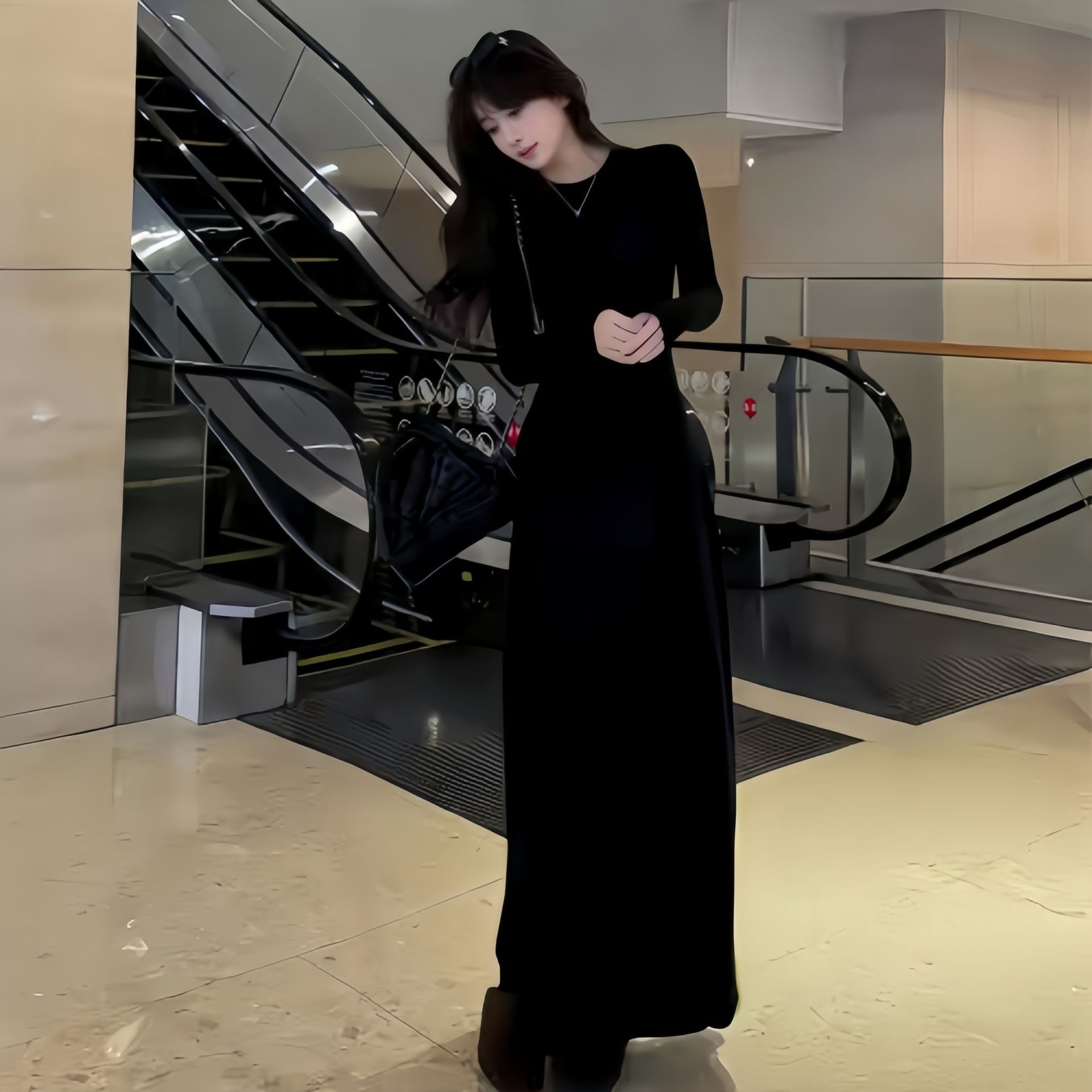 Hepburn Style Black Long Sleeve Dress Slim Fit A-Line
