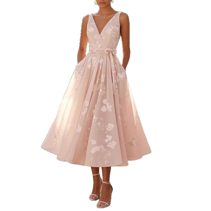 Sleeveless V-Neck Digital Print Midi Dress