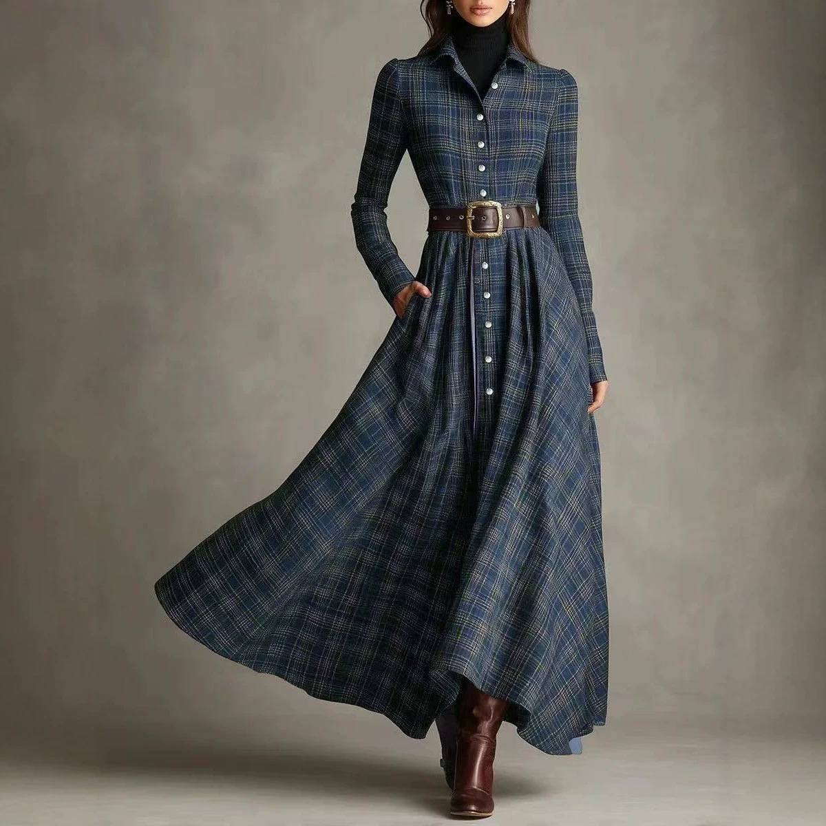 Plaid Collared Button-Front Shirt Dress with Pockets and Elastic Waist