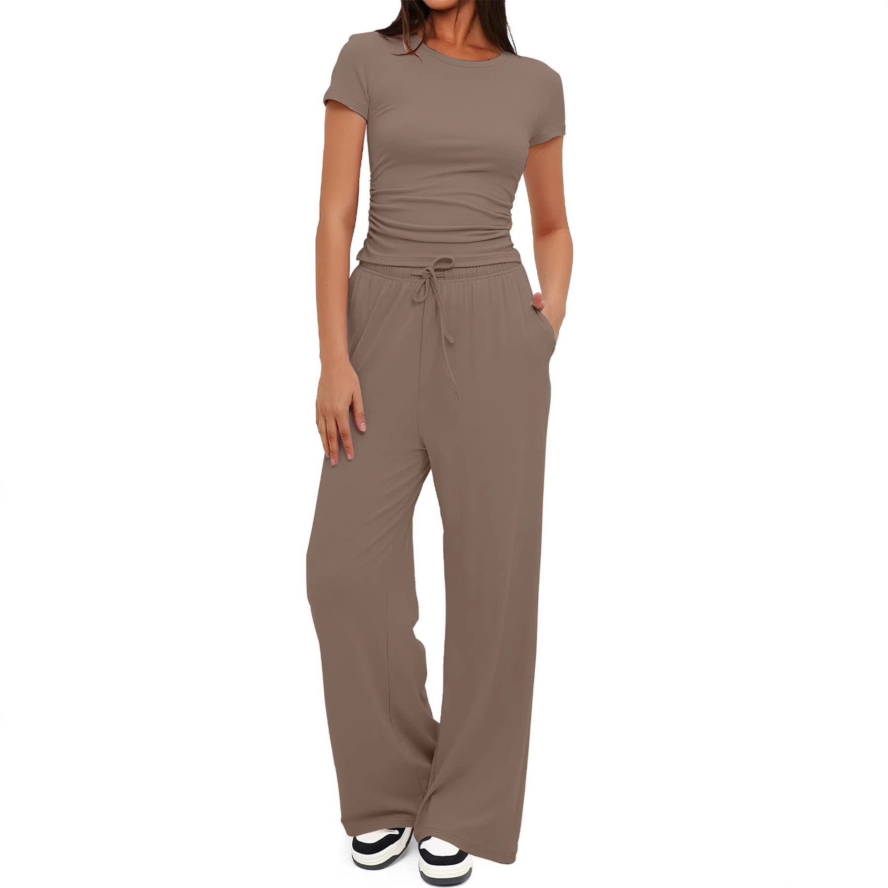 Women's Wide-Leg Two-Piece Set Short Sleeve Casual Commuter Outfit