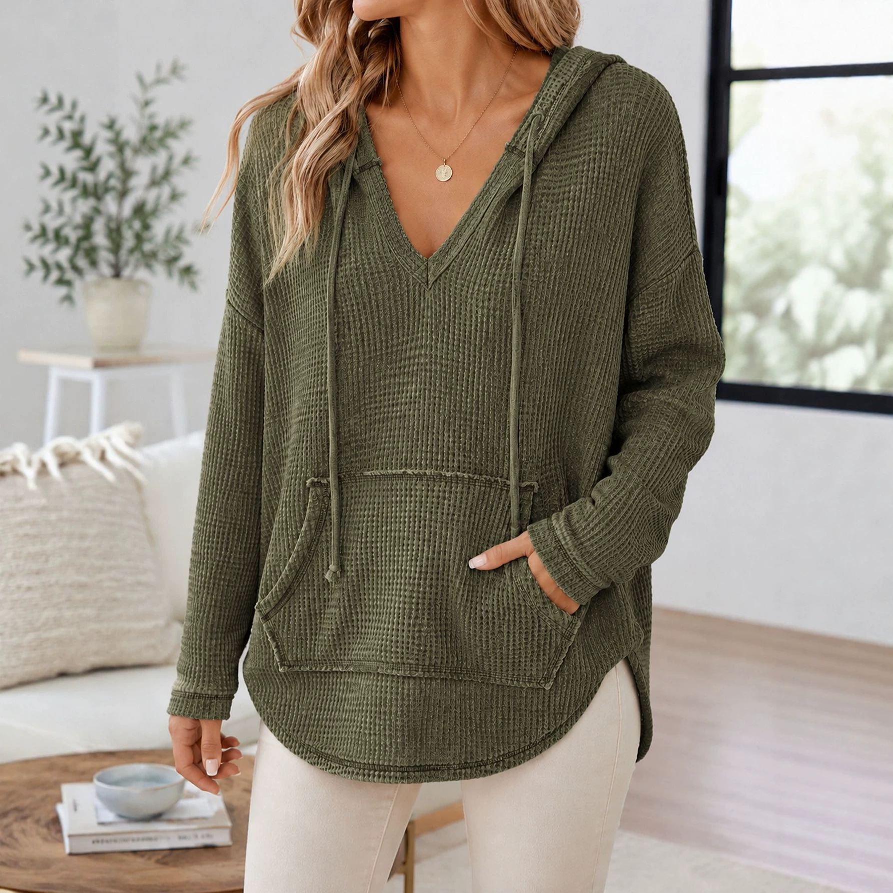 Women's Waffle Knit Hooded Sweatshirt Long Sleeve Casual Pullover