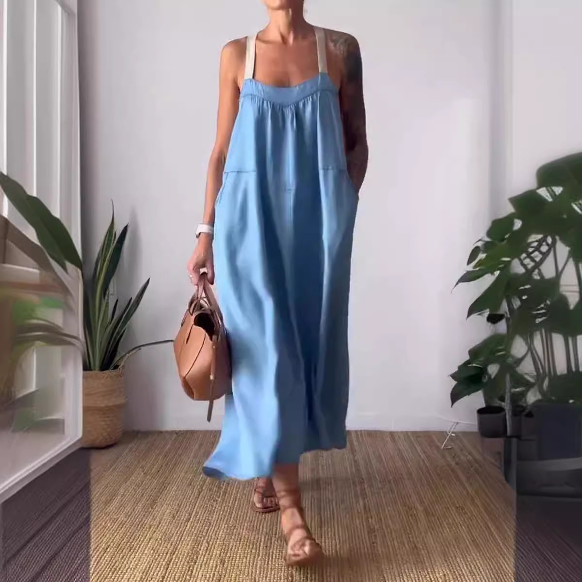 Women's Cotton Linen Sleeveless Pinafore Dress Casual Solid Color Long Dress
