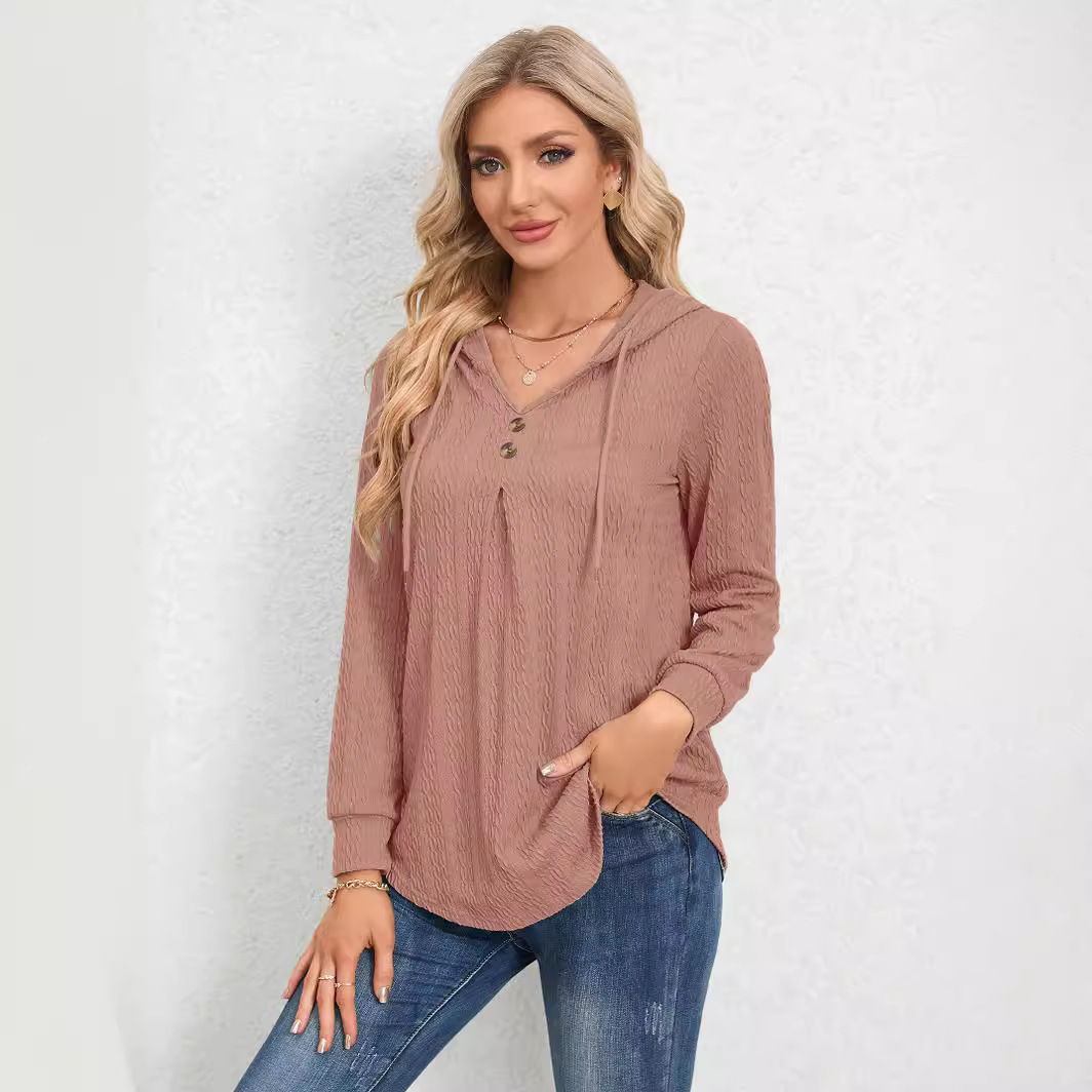 V-Neck Loose Long-Sleeve Hooded Sweatshirt for Women