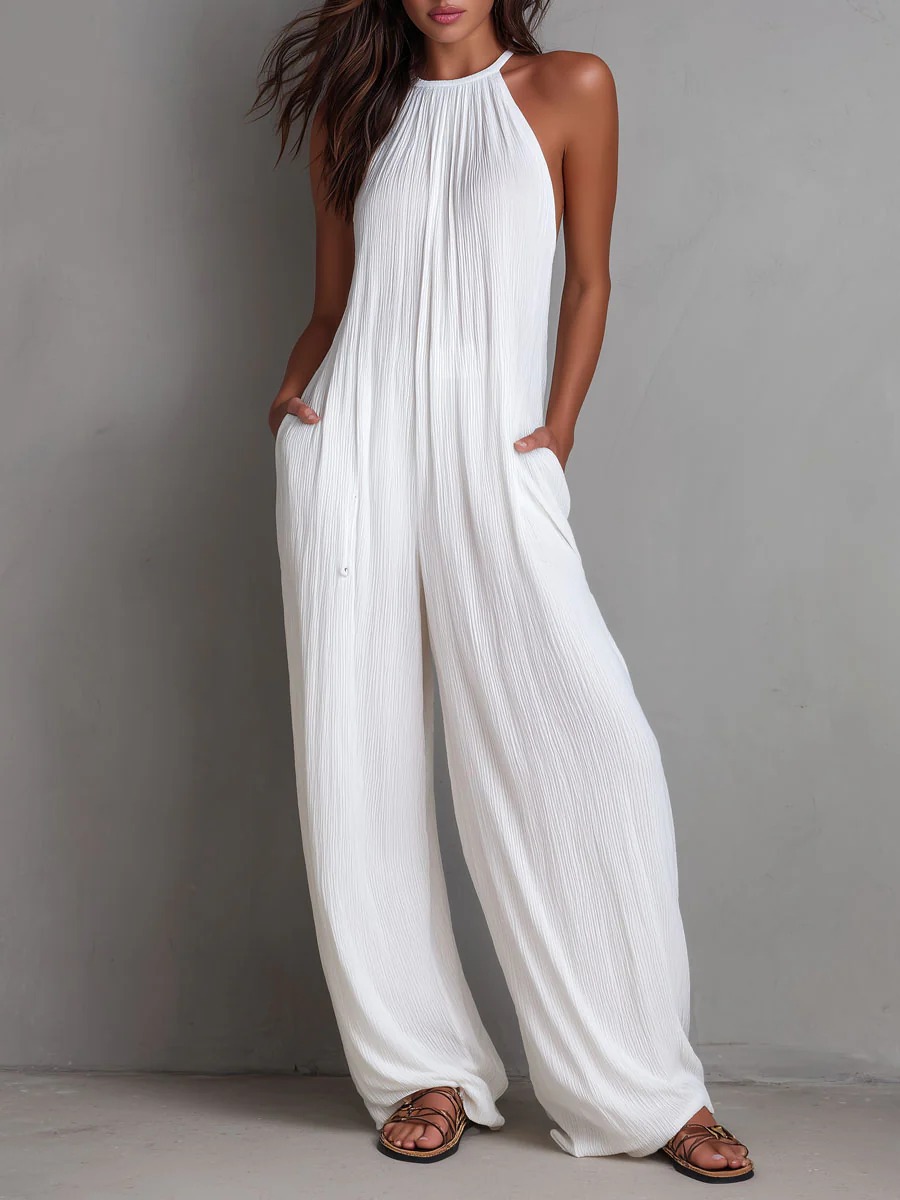 Women's White Pleated Open-Back Wide-Leg Jumpsuit