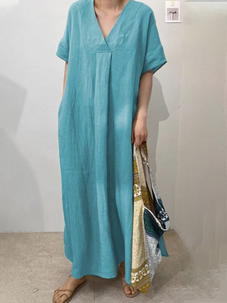 Women's Casual Short Sleeve V-Neck Solid Color Long Dress