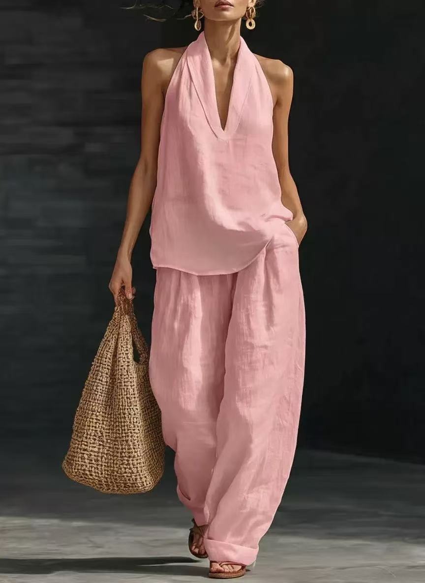 Women's Sleeveless Loose Cold Shoulder Top and Wide-Leg Pants Set