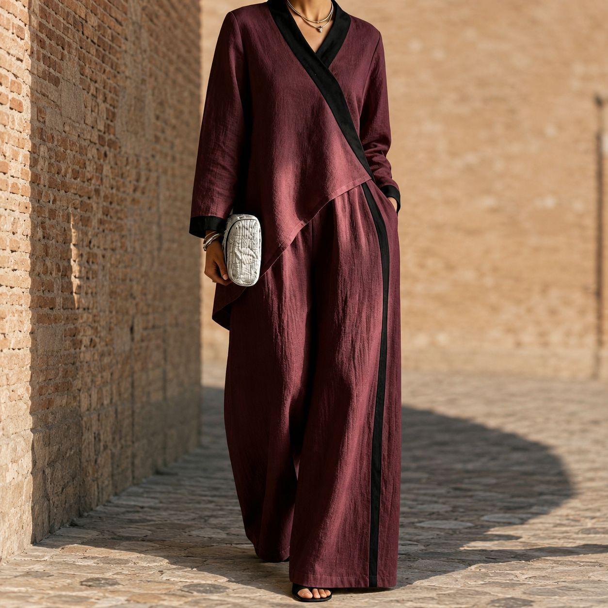2026 Fall Cross-Border Hot-Selling European and American Women's Color-Block V-Neck Asymmetrical Top Wide-Leg Pants Loose Casual Set