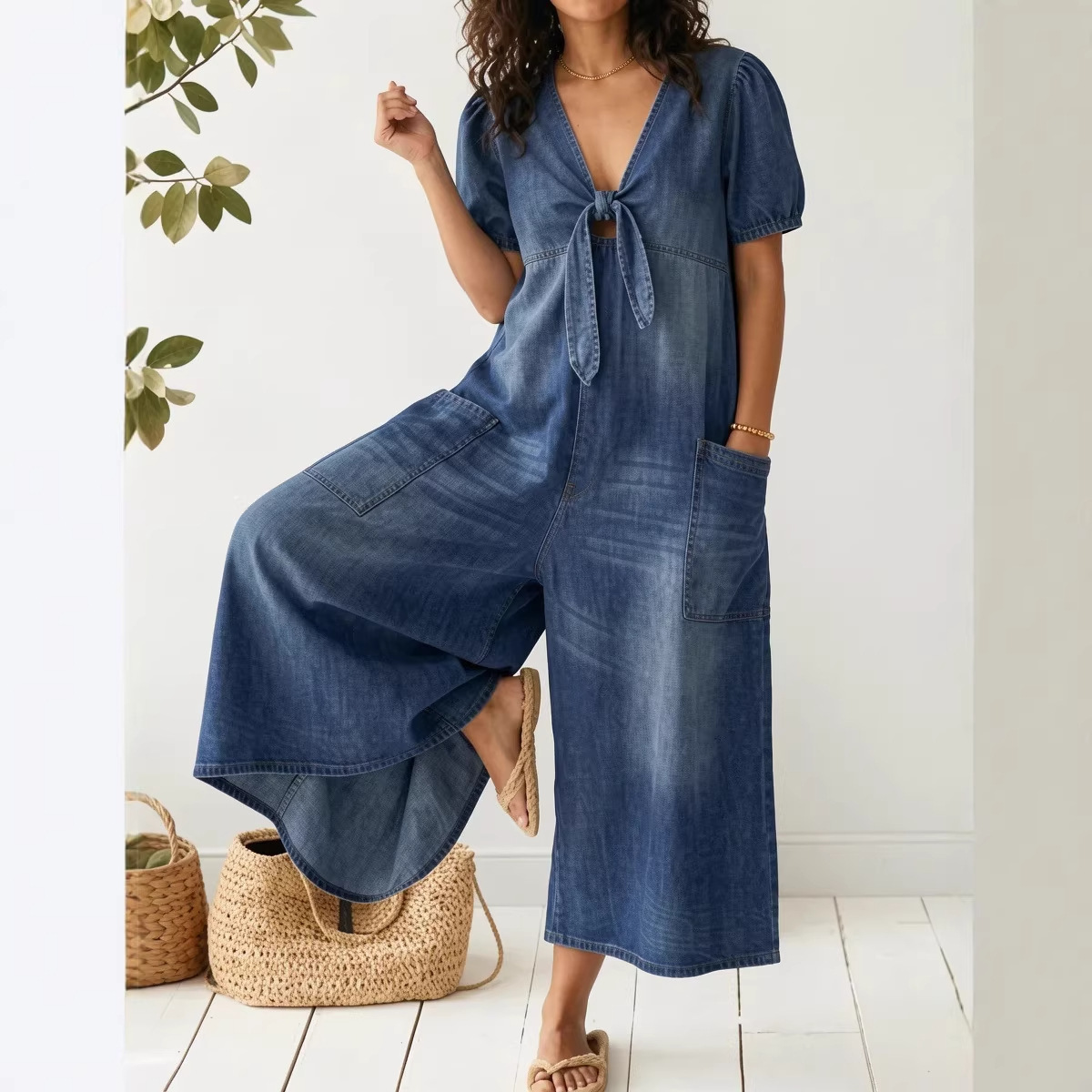 Women's Casual Loose Short Sleeve V-Neck Jumpsuit