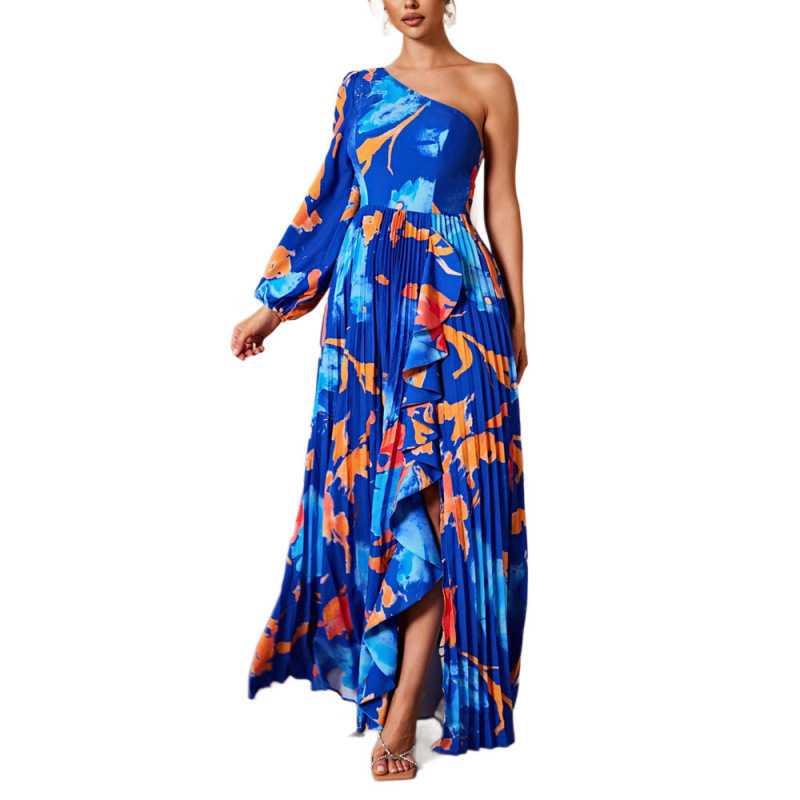 Women's Floral Print Off-Shoulder Long Dress with Irregular Slit and Pleated Details