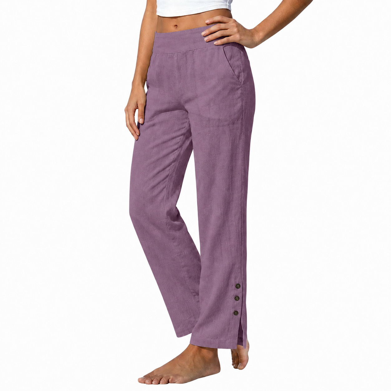 Women's Cotton Linen High Waist Wide Leg Pants with Side Slit Buttons