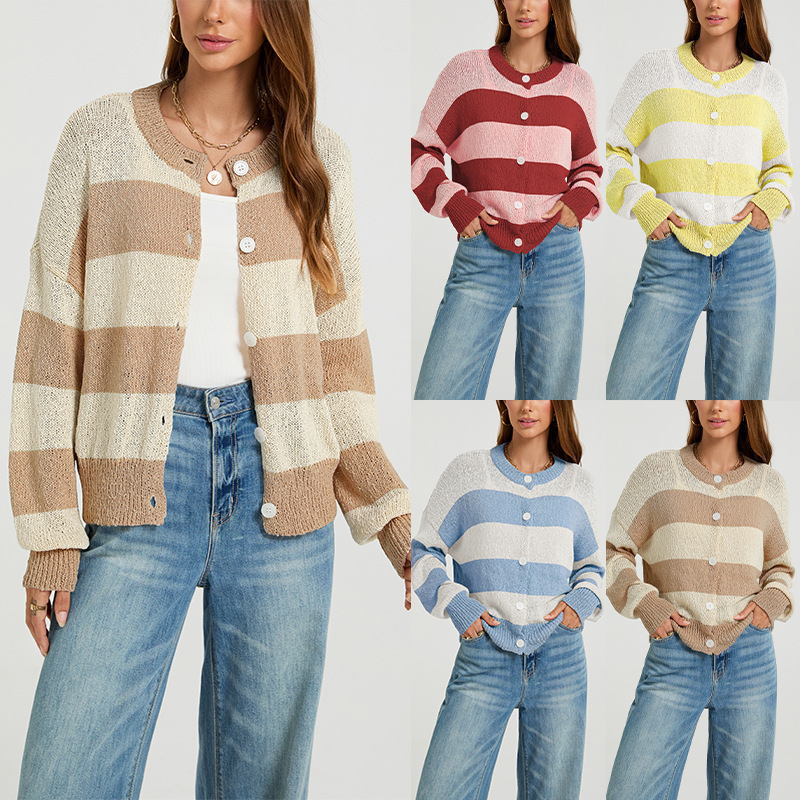 Striped Round Neck Cardigan Sweater Loose Fit Colorblock Knit Top