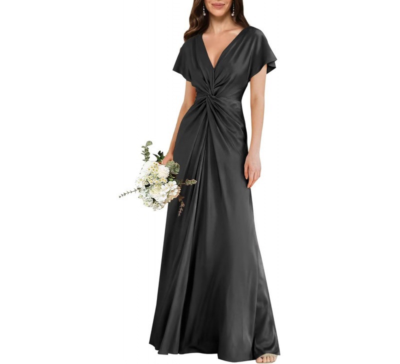 Satin Short Sleeve A-Line Dress V-Neck Midi Formal Party Bridesmaid