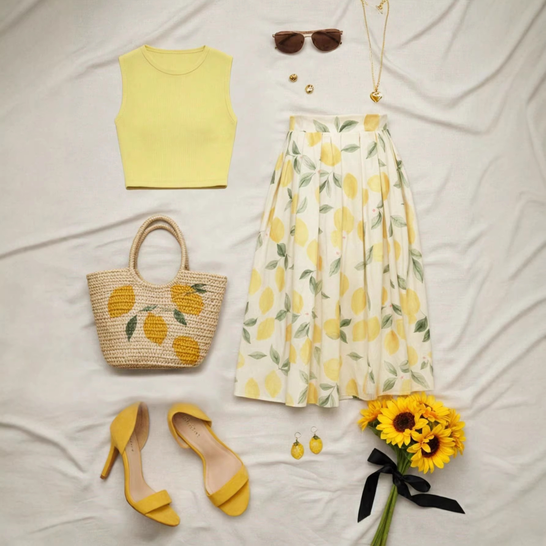 Lemon Print Sleeveless Tank Top and High-Waist Flared Midi Skirt Set