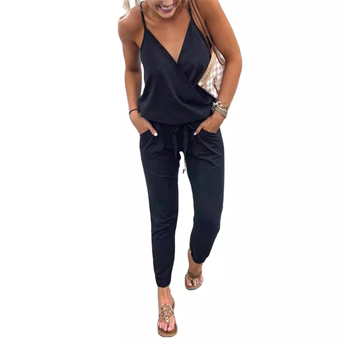 Women's Lace-Up Backless Sleeveless Jumpsuit with Pockets